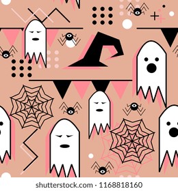 Cute halloween pattern with ghost and spider web. Geometric style of memphis with pinky colors. Vector illustration for print and baby fashion.