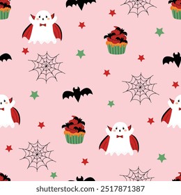 Um lindo padrão de Halloween. Fantasma, vampiro, teia de aranha, cupcake em estilo desenhado à mão. Plano de fundo perfeito com impressão repetitiva assustadora. Ilustração vetorial gráfica plana colorida. Fundo rosa isolado.