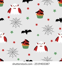 Um lindo padrão de Halloween. Fantasma, vampiro, teia de aranha, cupcake em estilo desenhado à mão. Plano de fundo perfeito com impressão repetitiva assustadora. Ilustração vetorial gráfica plana colorida. Plano de fundo cinza isolado.