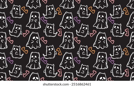 Lindo patrón de halloween con fantasma. Vector volando personajes de Halloween, espíritu de dibujos animados. impresión de fantasmas para textura de tela, decoración, papel de regalo.