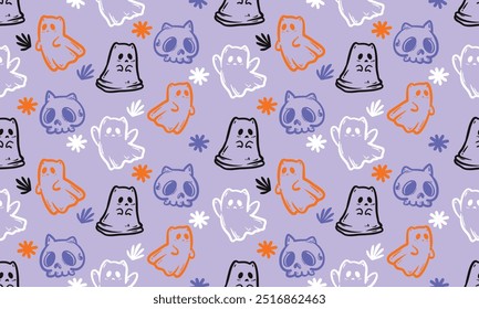 Lindo patrón de halloween con fantasma. Vector volando personajes de Halloween, espíritu de dibujos animados. impresión de fantasmas para textura de tela, decoración, papel de regalo.