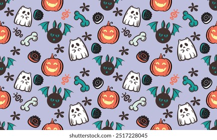 Lindo patrón de halloween con fantasma. Vector volando personajes de Halloween, espíritu de dibujos animados. impresión de fantasmas para textura de tela, decoración, papel de regalo.