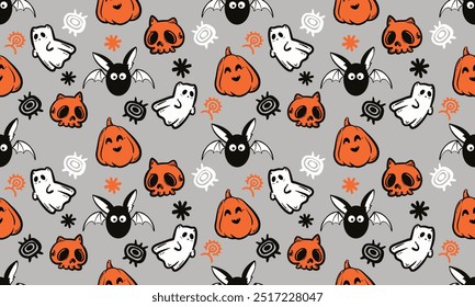 Lindo patrón de halloween con fantasma. Vector volando personajes de Halloween, espíritu de dibujos animados. impresión de fantasmas para textura de tela, decoración, papel de regalo.