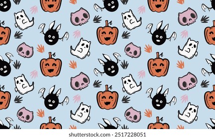 Lindo patrón de halloween con fantasma. Vector volando personajes de Halloween, espíritu de dibujos animados. impresión de fantasmas para textura de tela, decoración, papel de regalo.