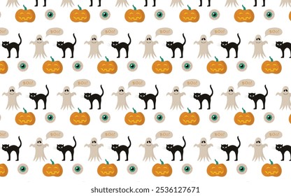 Cute Halloween Pattern – Ghosts, Black Cats, Pumpkins, and Eyeballs on White Background