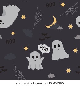 Lindo patrón de halloween con fantasmas sobre fondo oscuro, impresión sin fisuras