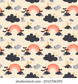 Cute halloween pattern with ghosts and rainbows and sky on light background, seamless print