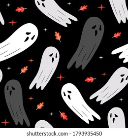 Cute Halloween pattern with ghosts. Vector holiday illustration for Day of the dead or Halloween. Vector hand drawn illustration
