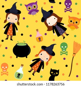 Cute Halloween pattern with girl witch, cats, owls on yellow background for seasonal backgroinds