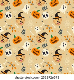 Lindo patrón de Halloween con Golden Retriever, calabazas, fantasmas y calaveras - festivo diseño de fondo transparente