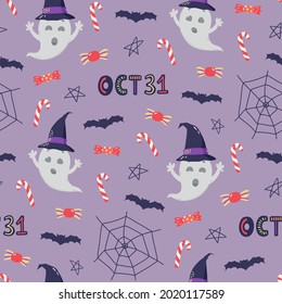 Cute halloween pattern with hand drawn illustrations. Funny vector pattern isolated on a purple background.