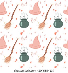 Cute halloween pattern. Hand drawn. Party, invitation, halloween decoration concept. Cartoon magic.