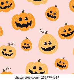Lindo patrón de Halloween con linternas de calabaza dibujadas a mano. Diseño de textura sin costuras. Ilustración vectorial