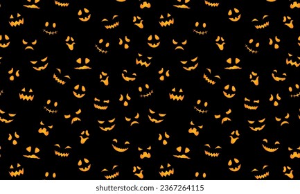 Cute Halloween pattern horizontal background. Vector pumpkin carved scary faces texture, funny smiling ghost masks orange print on black background for decoration, web, app, wallpaper, digital paper