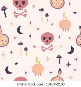 Cute Halloween pattern with motifs of skull, mushrooms and magical elements. Hand Drawn elements.