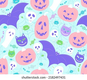 Cute Halloween Pattern In Pastel Colors. Halloween Seamless Pattern With Pumpkins, Bats, Skulls, Cats And Candy.