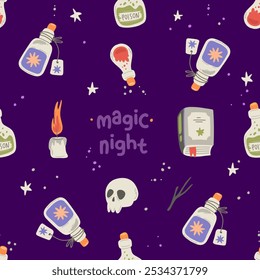 Cute Halloween pattern. Potion, spell book, skull