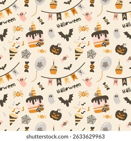 Cute Halloween pattern. Pumpkin, sweets, gifts and decoration. Hand-drawn vector illustration in flat style.