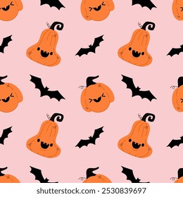 Cute Halloween pattern with pumpkins and bat. Seamless pattern for your design textile, wallpaper, wrapping paper, background etc.