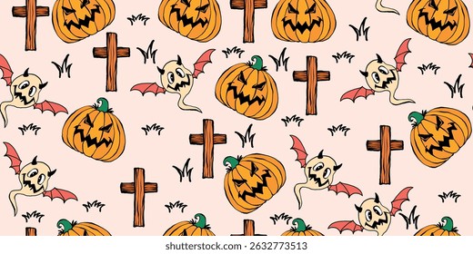 Cute Halloween Pattern with Pumpkins, Ghostly Bats, and Wooden Crosses on White Background. Playful cartoon icons arranged in a seamless backdrop, perfect for print, apparel, web