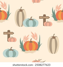 cute halloween pattern with pumpkins, leaves, autumn seamless textile print, harvest festival