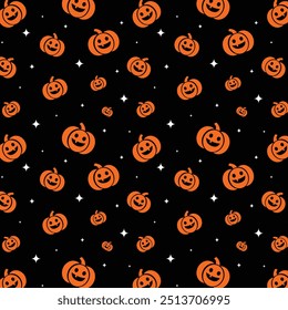 Lindo patrón de halloween con calabazas sobre fondo negro. Impresión para textura de tela, decoración, papel de embalaje. Ilustración vectorial