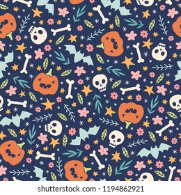 Cute Halloween pattern with pumpkins, skulls and flowers. Vector hand drawn illustration