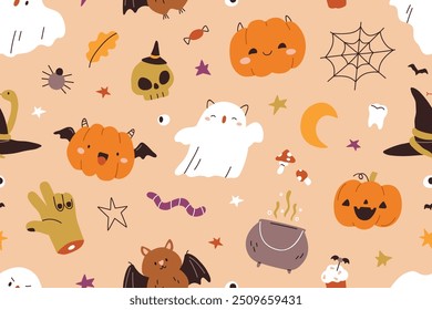 Lindo patrón de Halloween, fondo de vacaciones de octubre sin fisuras. Diseño de textura para niños, divertido estampado repetitivo con calabaza naranja, fantasma bebé, murciélago y cráneo. Ilustración vectorial plana sin fin para envolver