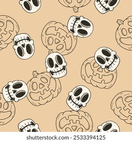 Cute Halloween Pattern with skeletons and pumpkins. Halloween Seamless hand drawn pattern in retro cartoon style