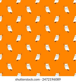 Cute halloween pattern with sleeping ghost cats on orange background. Vector flying Halloween characters, cartoon kittens spirit. Kawaii ghost print for fabric texture, greeting design, wrapping paper