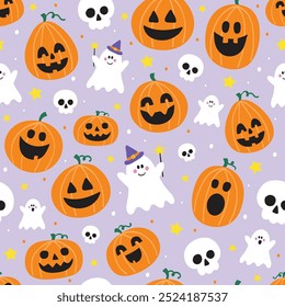 Cute Halloween pattern with spooky pumpkins, ghosts and skulls. Vector illustration