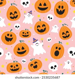 Cute Halloween pattern with spooky pumpkins, ghosts and skulls. Vector illustration