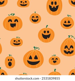 Lindo patrón de Halloween con calabazas espeluznantes. Ilustración vectorial