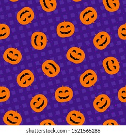 Cute Halloween pattern. Vector seamless texture with smiling orange pumpkins on purple background. Funny scary design for kids, boys and girls, decor, scrapbook, wallpapers. Simple cartoon graphics