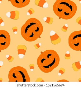 Cute Halloween pattern. Vector seamless background with smiling orange pumpkins, scattered candy corn on yellow backdrop. Funny scary design for kids, boys and girls, decor. Simple cartoon graphics