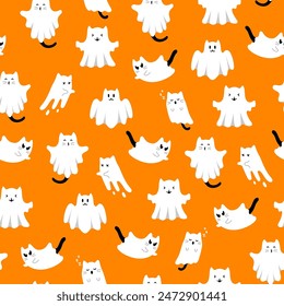 Cute halloween pattern with white ghost cats on orange background. Vector flying Halloween characters, cartoon kittens spirit. Kawaii ghost print for fabric texture, wrapping paper, greeting design.