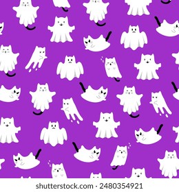 Lindo patrón de Halloween con gatos fantasmas blancos sobre fondo púrpura. Vector volando personajes de Halloween, gatitos de dibujos animados espíritu. Impresión fantasma Kawaii para textura de tela, papel de embalaje, diseño de saludo.