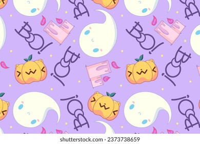 cute halloween pattern with white ghosts, orange pumpkins, pink candels and custom "boo" 
