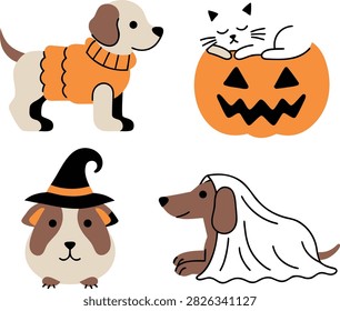 Cute Halloween pets vector illustration set