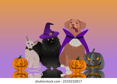 Cute Halloween Pets in Witch and Vampire Costumes with Pumpkins Illustration