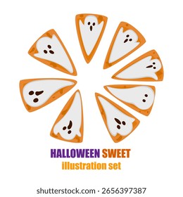 Cute Halloween pie decorated with ghost faces arranged in a circle. Fun and spooky dessert vector illustration. Perfect for holiday menus, decorations, spooky holiday graphics on a white background.