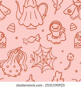Cute Halloween pink coquette vector seamless pattern. Autumn holiday wallpaper, wrapping paper, scrapbooking, background, textile prints, stationary. Girly coquette Halloween background