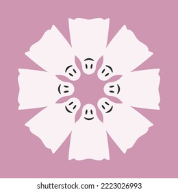 Cute Halloween Pink Ghost Huddle Icon. A Group Of 8 Smiling Ghosts Huddled Together In A Radial Formation. Isolated On A Medium-pink Background.