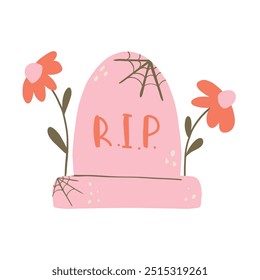 Cute Halloween pink RIP Gravestone. Retro hand drawn Isolated stickers