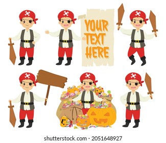Cute Halloween pirate boy character and elements vector set