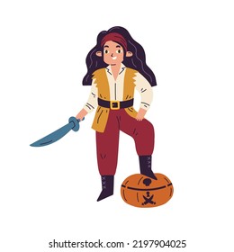 Cute Halloween pirate and October pumpkin. Happy little boy kid disguised, dressed in carnival costume for Helloween holiday party. Childish flat vector illustration isolated on white background