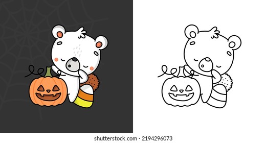 Cute Halloween Polar Bear Clipart For Coloring Page And Illustration. Happy Halloween Animal. Cute Vector Illustration Of A Kawaii Bear For Halloween Stickers.
