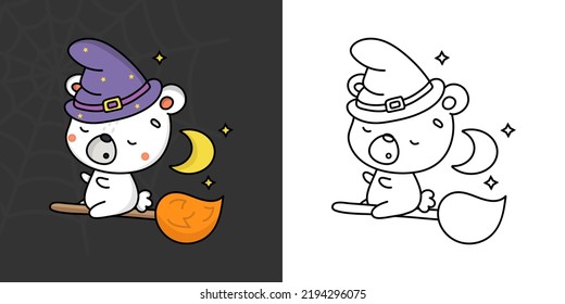 Cute Halloween Polar Bear Clipart Illustration And Black And White. Funny Halloween Animal. Cute Vector Illustration Of Halloween Kawaii Bear In Witch Costume.
