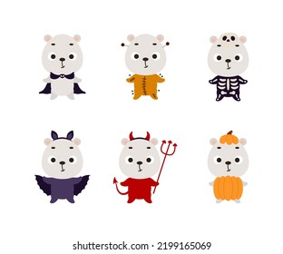 Cute Halloween polar bear set. Cartoon animal character collection for kids t-shirts, nursery decoration, baby shower, greeting card, invitation. Vector stock illustration