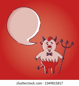 Cute Halloween postcard with a devil and speech bubble. Red background. Flat linear style illustration. Vector.
